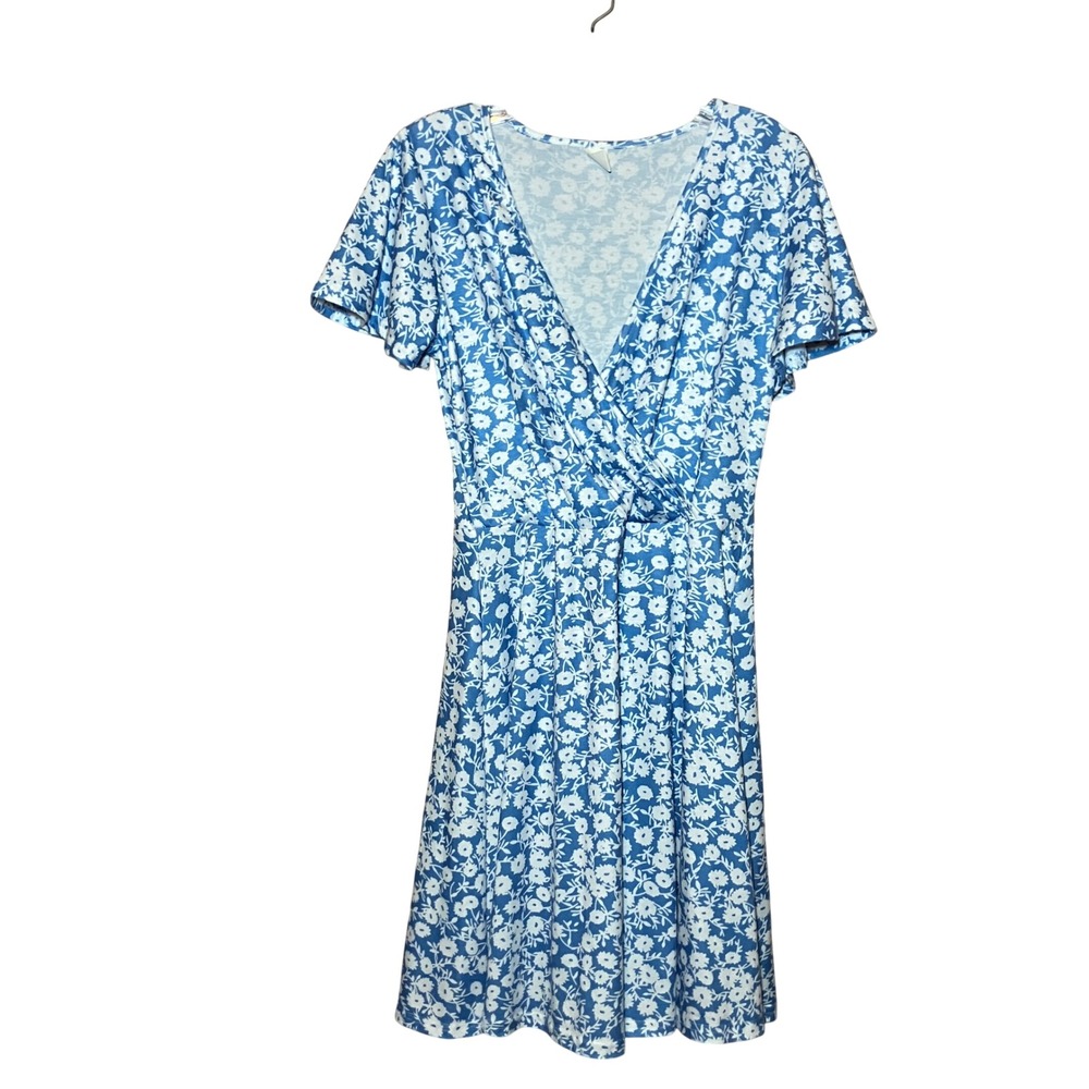 Rumia Faux Wrap Dress Womens M Blue Floral Daisy V-Neck Short Sleeve